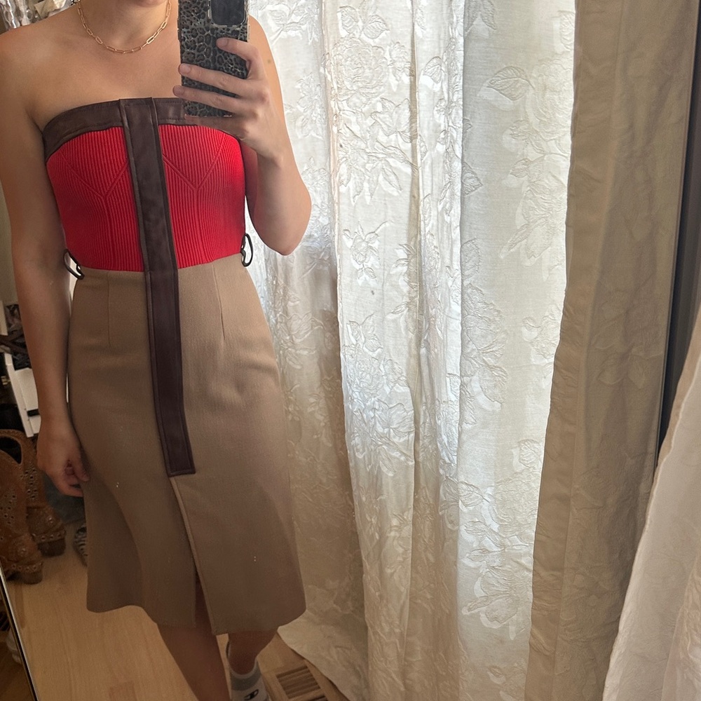Derek Lam Strapless Red and Tan Dress
